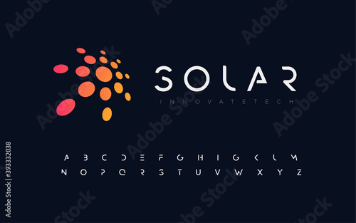 Abstract sun, flat style vector logo concept. Awesome orange isolated icon on black background. Round solar for business and startup
