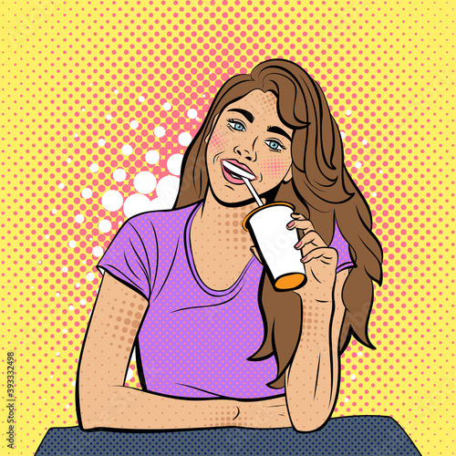Beautiful women european type drinking coffee. Girl with cup of coffe on background of pop art style. Pop art illustration.