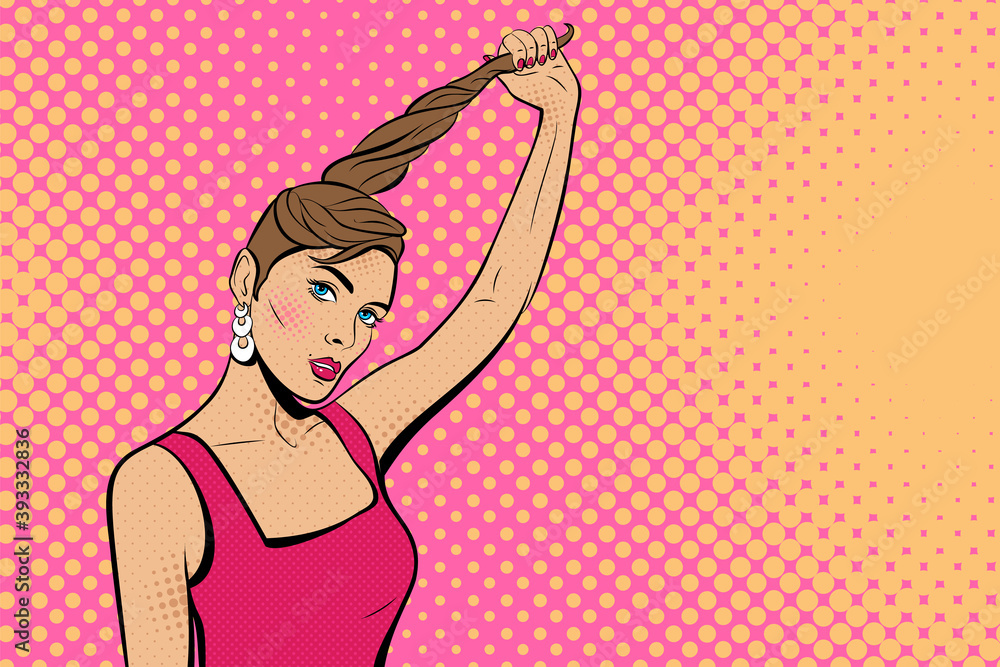 Sexy beautiful girl pulls her hair. Background in comic style retro pop art. Invitation to a party. Face close-up. Sexy beautiful girl pulls her hair. Background in comic style retro pop art. Invitation to a party. Face close-up.