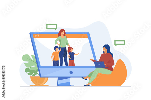 Woman chatting with female friend and two children. Video call, monitor, computer flat vector illustration. Communication, online connection concept for banner, website design or landing web page