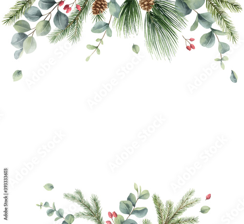 Watercolor vector Christmas card with fir branches and eucalyptus.