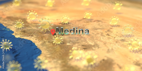 Sunny weather icons near Medina city on the map, weather forecast related 3D rendering