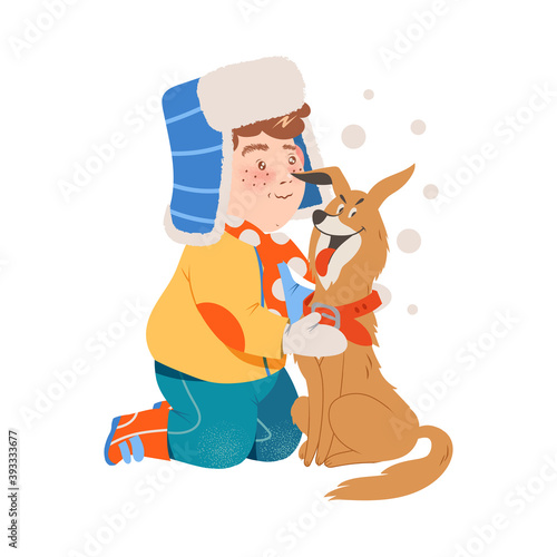 Little Boy in Warm Fur Cap Walking the Dog in Snowy Weather Vector Illustration