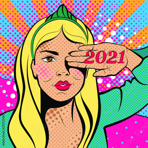 Sexy pop art woman with hand on face. Vector background in comic style retro pop art. Invitation to a party. Face close-up. Happy New Year 2021.