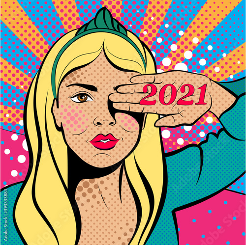 Sexy pop art woman with hand on face. Background in comic style retro pop art. Invitation to a party. Face close-up. Happy New Year 2021.