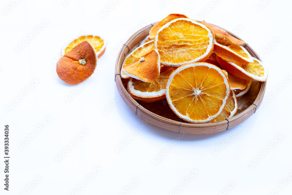 Dried orange slices on white background. Dried orange slices on white background.