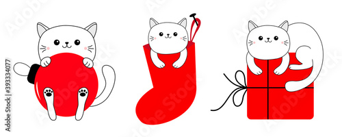 Cat set. Red Merry Christmas ball, gift box, Santa Claus stocking sock. Cute cartoon funny character. Giftbox bow. Funny kawaii doodle pet animal. Xmas card. Flat design. White background.