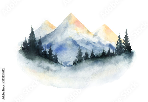 Watercolor vector winter landscape with mountains and spruce forest.