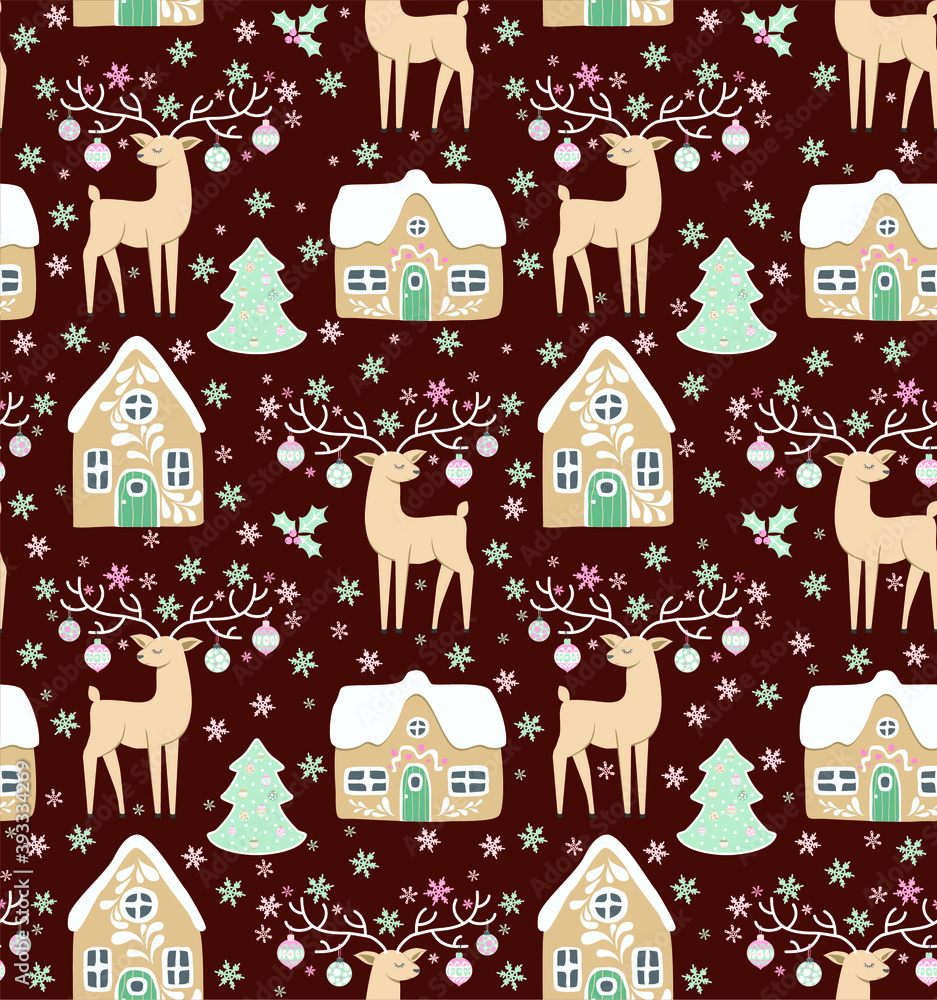 Vector Christmas pattern with fairytale deer houses in the snow and Christmas trees. Winter cozy digital drawing Seamless texture for decorative items. Festive traditional background