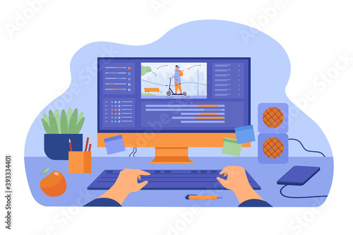 Computer and monitor of graphic animator creating video game, modeling motion, processing video file, using professional editor. Vector illustration for graphic design, art, designer workplace concept