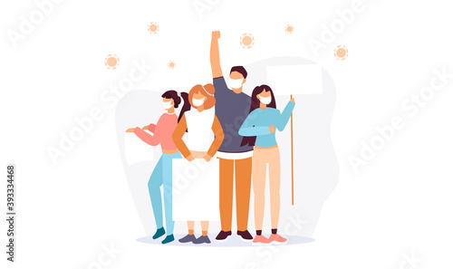 A group of people protesting against quarantine lockdown restrictions. Vector illustration