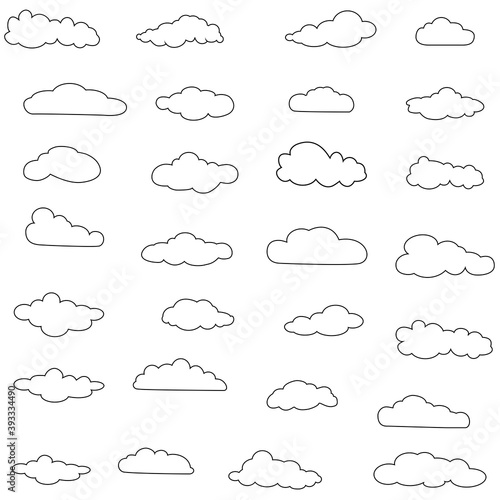 Outline cloud icons set isolated on white background. Collection of different black clouds. Cartoon contour icons for web site, background template, wallpaper and sky design. Clouds thin line vector