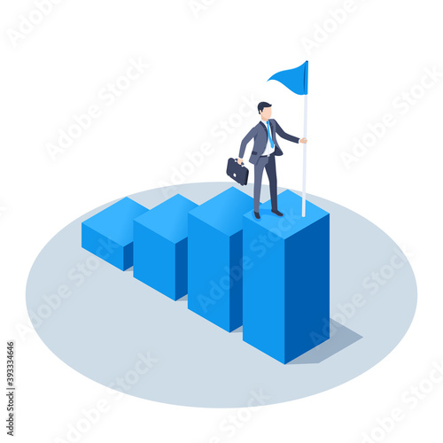 isometric vector illustration isolated on white background, man in business suit with briefcase and flag stands on the highest column of the chart,  achieving the goal and leadership in business