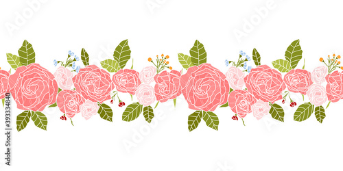 Vector pattern with beautiful bouquet. Vintage botanical hand drawn illustration of pink rose. Flowers and leaves seamless pattern. Wedding design. Pattern border design. Color floral pattern
