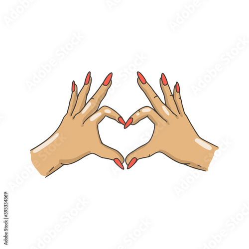 Female hands make a heart shape. Long beautiful nails, gel polish coating. Colorized doodle style. Vector illustration on isolated white background. For printing on postcards, fabrics, packaging, web