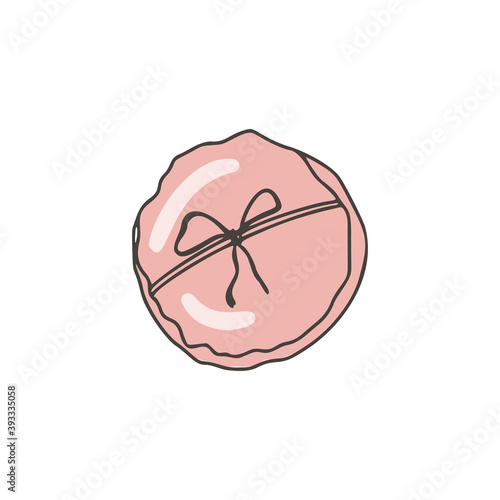 Pink powderpuff with a bow. Cosmetic beauty accessory. Girly stuff. Colored doodle style. Vector hand-drawn illustration. Isolated on white background. For print and web.