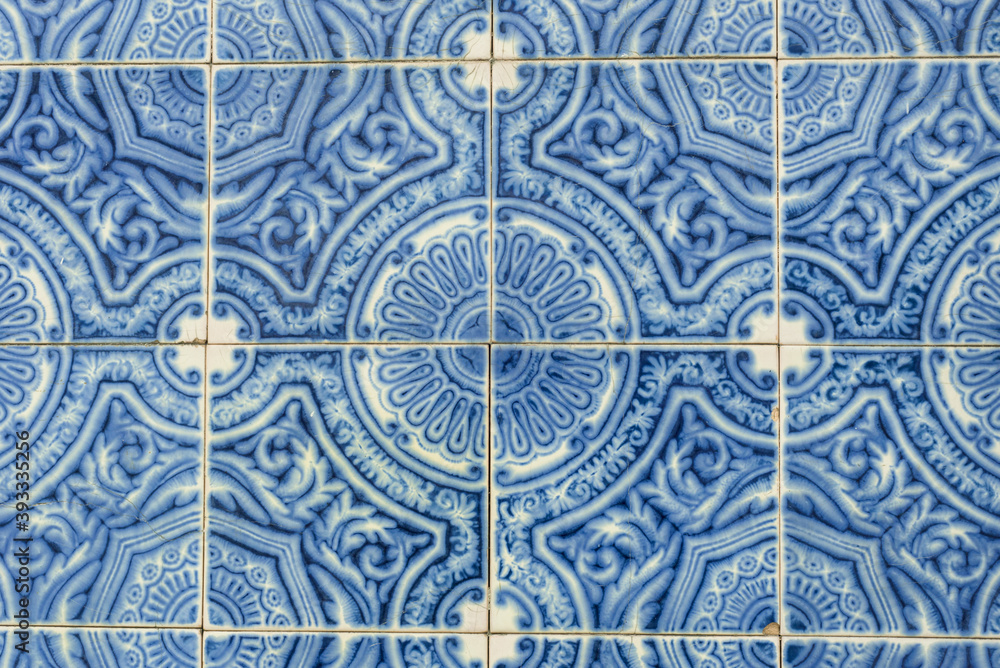 detail of one of the 800 tiled facades with geometric azulejos identified in Ovar, Aveiro district, Portugal