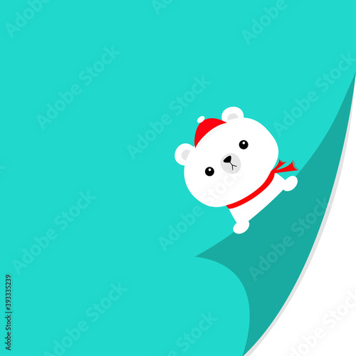 Merry Christmas. Curled paper corner. White bear face holding fold page corners. Paw print. Red Santa hat. Cute cartoon kawaii funny baby animal character. Xmas greeting card template. Blue background