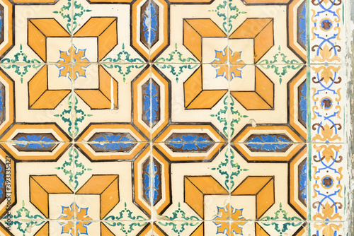 detail of one of the 800 tiled facades with geometric azulejos identified in Ovar, Aveiro district, Portugal