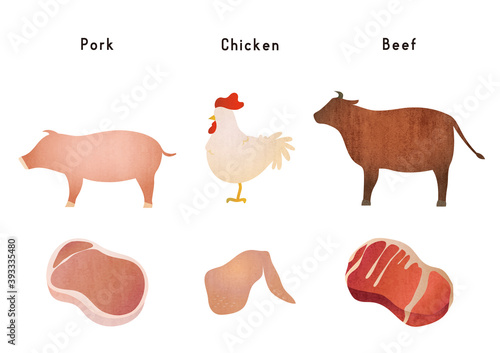 illustration set of meat and animals