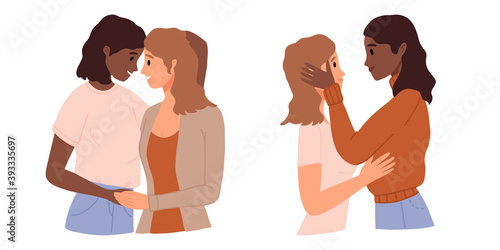 Lesbian female couple hugging, gay couple. Woman hug and kiss. Homosexuality. LGBTQ+ people, lesbians, human rights freedom. Multiethnic characters, african ladies. Love relationship, romantic date.