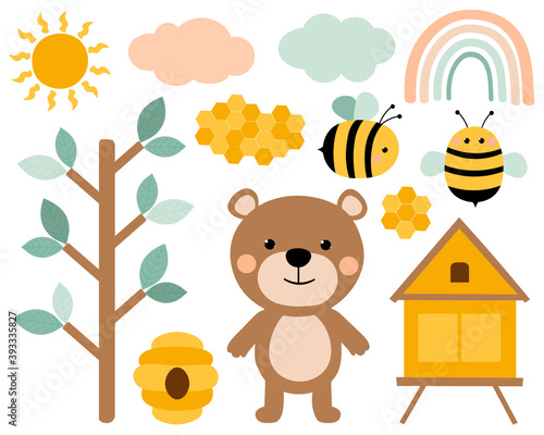 Bear bees honey vector illustration. Pink and blue trees cloud rainbow