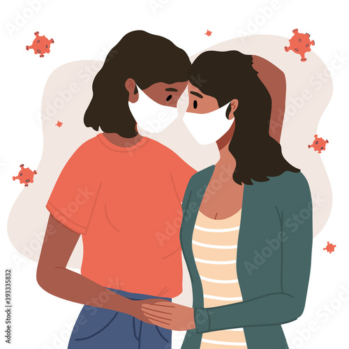 African Lesbian female couple in face mask hugging, gay couple. Woman hug and kiss. Homosexuality. LGBTQ+ people, lesbians, human rights freedom. Love relationship, romantic date. Valentine's Day.