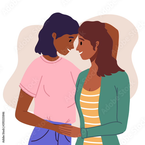 Lesbian female couple hugging, gay couple. Woman hug and kiss. Homosexuality. LGBTQ+ people, lesbians, human rights freedom. Multiethnic characters, african ladies. Love relationship, romantic date.