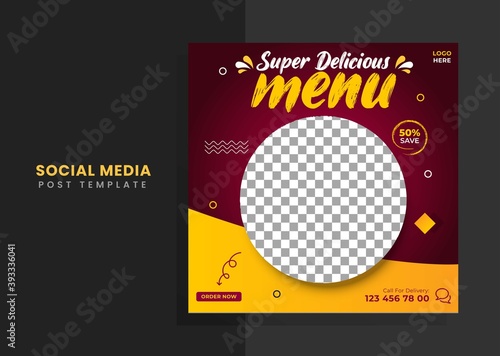 Editable square banner template design for food post. Suitable for Social Media Post restaurant and culinary digital Promotion. Colorful background and shape vector design.