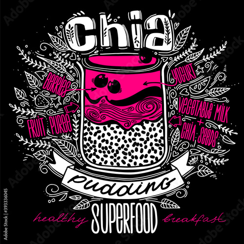 chia pudding in doodle style with lettering. chia seeds smoothie recipe. healthy food concept lifestyle. breakfast superfood. hipsters dessert.