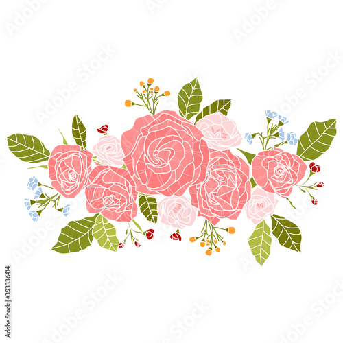 Vector background with beautiful bouquet. Vintage botanical hand drawn illustration of pink rose. Background with flowers and leaves. Wedding design. bouquet vector style. Color floral pattern
