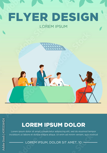 Positive officials speaking at press conference. Journalists holding voice recorder flat vector illustration. Journalism, announcement, event concept for banner, website design or landing web page