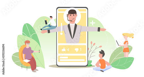 Video communication training. People learn from online instructor. Online training. Key opinion leader. Influencer marketing. Flat and cartoon persons. Video calling. Vector. White background.