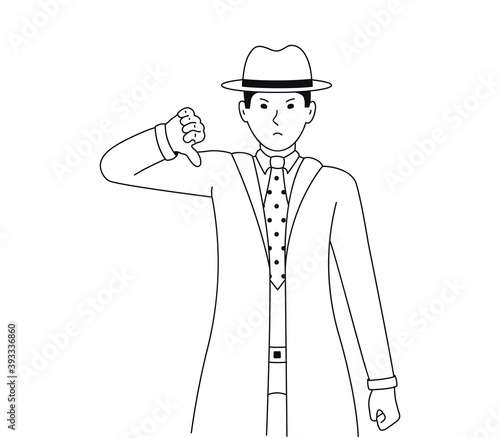 A detective or undercover agent makes a gesture of displeasure. Vector illustration of a man showing thumb down. The guy feels negative emotions.