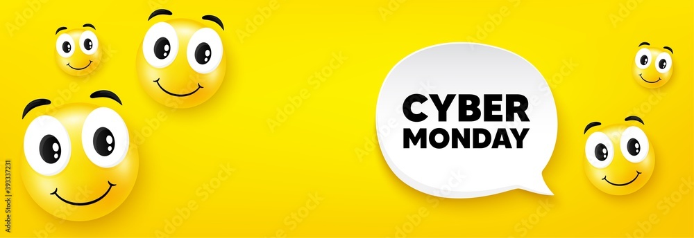 Cyber Monday Sale. Smile face with speech bubble. Special offer price sign. Advertising Discounts symbol. Smile character. Cyber monday speech bubble icon. Yellow face background. Vector Cyber Monday Sale. Smile face with speech bubble. Special offer price sign. Advertising Discounts symbol. Smile character. Cyber monday speech bubble icon. Yellow face background. Vector