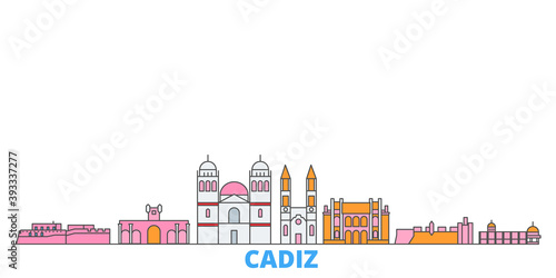 Spain, Cadiz cityscape line vector. Travel flat city landmark, oultine illustration, line world icons