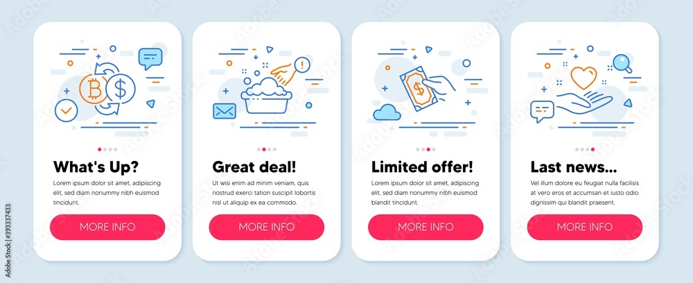 Set of Business icons, such as Bitcoin exchange, Pay money, Hand washing symbols. Mobile app mockup banners. Hold heart line icons. Cryptocurrency change, Hold cash, Laundry basin. Friendship. Vector