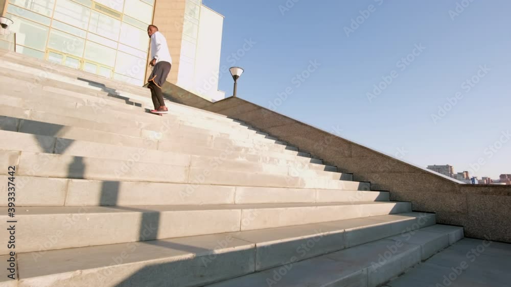 custom made wallpaper toronto digitalFull shot of fit male african american jogger running up and down stairs of tall glass building in city centre in daylight
