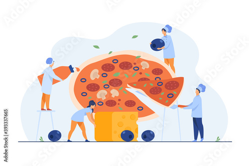 Tiny professional cooks preparing tasty pizza isolated flat vector illustration. Cartoon character taking piece of huge pizza. Chiefs putting cheese, ketchup and olives. Fast food and bistro concept