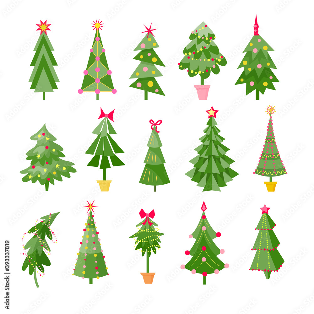 Fototapeta premium Set of Christmas Trees in different design. Colorful vector isolated illustration in flat style for holiday decoration of poster, postcard, presents, advertising, booklets ets.