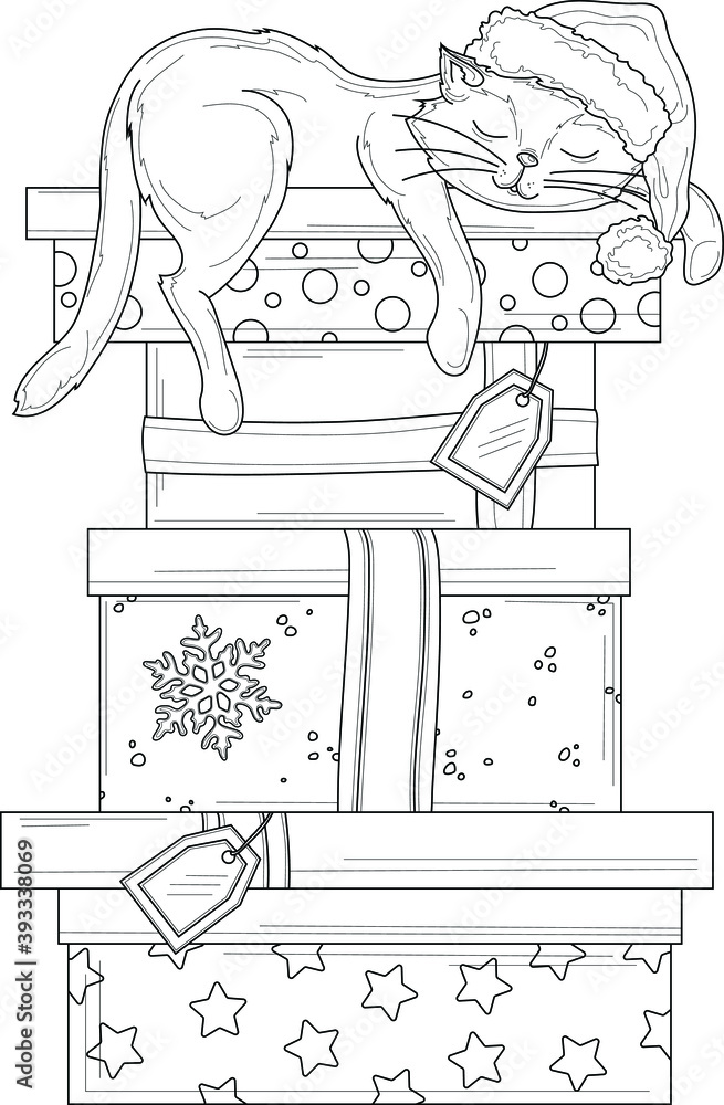 Cartoon cat in hat sleeping on pile of presents box sketch template ...