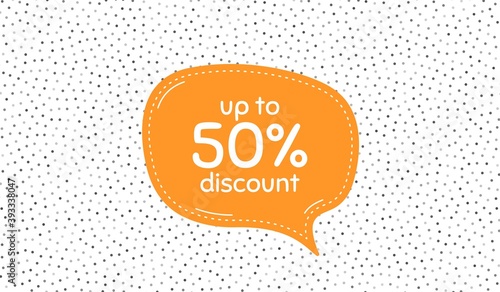 Up to 50% Discount. Orange speech bubble on polka dot pattern. Sale offer price sign. Special offer symbol. Save 50 percentages. Dialogue or thought speech balloon on polka dot background. Vector