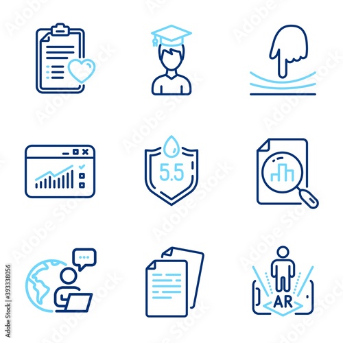 Science icons set. Included icon as Patient history, Elastic, Web traffic signs. Student, Ph neutral, Documents symbols. Analytics graph, Augmented reality line icons. Line icons set. Vector