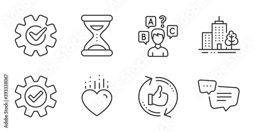Service, Text message and Skyscraper buildings line icons set. Refresh like, Quiz test and Heart signs. Cogwheel, Time symbols. Cogwheel gear, Chat bubble, Town architecture. Business set. Vector