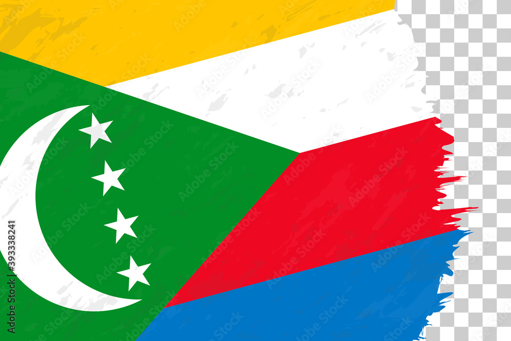 Horizontal Abstract Grunge Brushed Flag of Comoros on Transparent Grid.