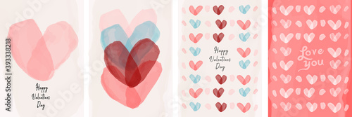 Set of vector cards for Valentine's day. Watercolor hearts drawn by a brush. Simple, minimalistic, holiday cards.
