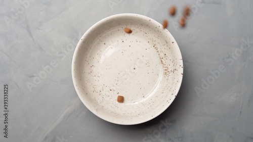 Dry animal feed slowly falls into a bowl, top view