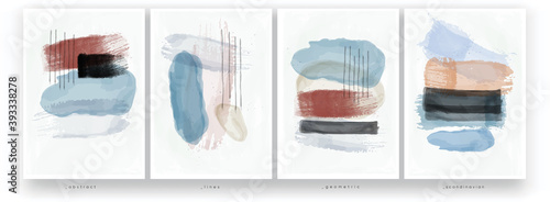 A set of vector illustrations. Abstract watercolor painting. Minimalistic style, pastel colors, Scandinavian style. Brush strokes and lines drawn with a brush. 