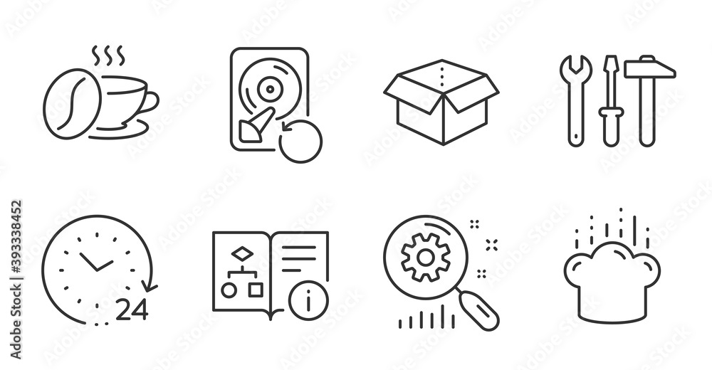 Coffee cup, Search statistics and Open box line icons set. Recovery hdd, Cooking hat and Spanner tool signs. 24 hours, Technical algorithm symbols. Roasted bean, Analysis, Delivery package. Vector Coffee cup, Search statistics and Open box line icons set. Recovery hdd, Cooking hat and Spanner tool signs. 24 hours, Technical algorithm symbols. Roasted bean, Analysis, Delivery package. Vector