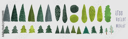 Vector illustration. Winter stylized Christmas trees and pines. Hand drawn trees doodle set collection,  different trees in scandinavian style.